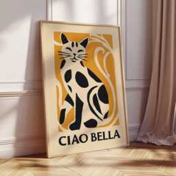 Ciao Bella Cat Poster, Italian Style Wall Art, Black & White Print, Retro Animal Illustration, Bold Graphic Home Decor - thumbnail 2