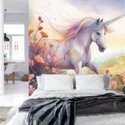 Unicorn Floral Wall Mural, Girls Room Decor, Peel & Stick Wallpaper - thumbnail 2