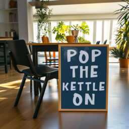 Pop The Kettle On Retro Kitchen Print - Blue & White Print, Coffee Lover Poster, Tea Navy - thumbnail 1