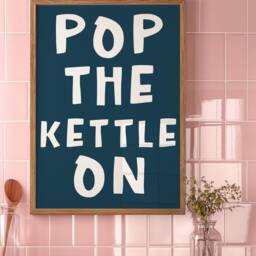 Pop The Kettle On Retro Kitchen Print - Blue & White Print, Coffee Lover Poster, Tea Navy - thumbnail 2
