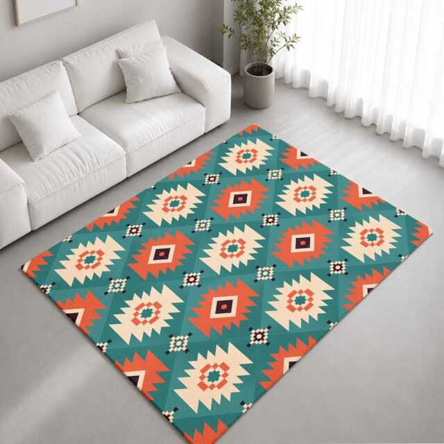 Teal Coral Southwestern Geometric Pattern Rug Non-Slip Soft Area Carpet Bedroom Living Room Hallway Mat Decor - Made in UK - image 1