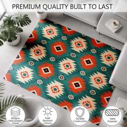 Teal Coral Southwestern Geometric Pattern Rug Non-Slip Soft Area Carpet Bedroom Living Room Hallway Mat Decor - Made in UK - thumbnail 3