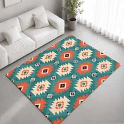 Teal Coral Southwestern Geometric Pattern Rug Non-Slip Soft Area Carpet Bedroom Living Room Hallway Mat Decor - Made in UK
