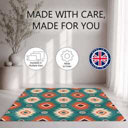Teal Coral Southwestern Geometric Pattern Rug Non-Slip Soft Area Carpet Bedroom Living Room Hallway Mat Decor - Made in UK - thumbnail 2