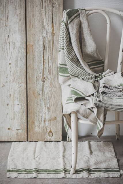 French Style Linen Bath Mat With Green Stripes, Hypoallergenic Mat, Linen Decor, Eco-Friendly Bathroom Essentials - image 1