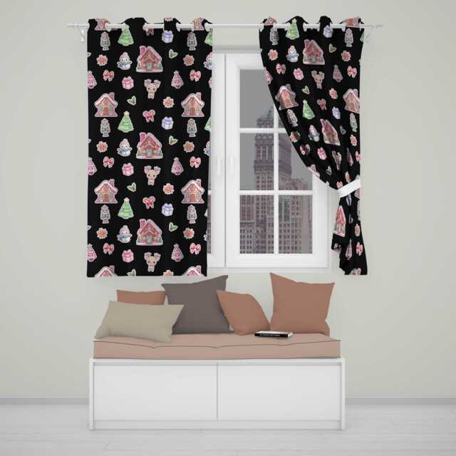 Christmas Gingerbread House Snowman Deer Seamless Pattern Black Background Readymade Eyelet Ring Top Thermal 100% Blackout Curtains - image 1