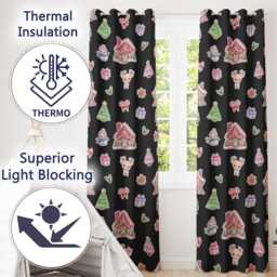 Christmas Gingerbread House Snowman Deer Seamless Pattern Black Background Readymade Eyelet Ring Top Thermal 100% Blackout Curtains - thumbnail 3