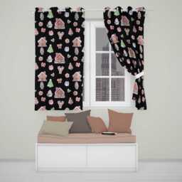 Christmas Gingerbread House Snowman Deer Seamless Pattern Black Background Readymade Eyelet Ring Top Thermal 100% Blackout Curtains - thumbnail 1