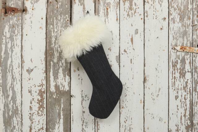 Wool Pinstripe Christmas Stocking White Lamb Fur Cuff - image 1