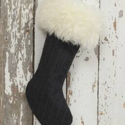 Wool Pinstripe Christmas Stocking White Lamb Fur Cuff - thumbnail 3