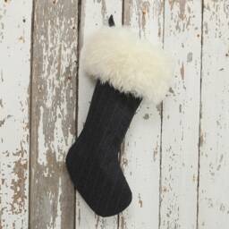 Wool Pinstripe Christmas Stocking White Lamb Fur Cuff - thumbnail 2