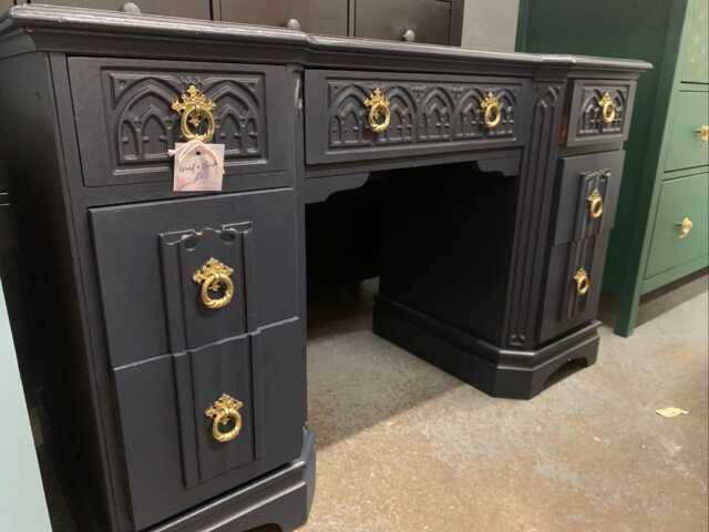 Vintage Old Charm Linenfold Dressing Table With Mirror Restored & Painted Black Gold - image 1