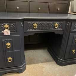 Vintage Old Charm Linenfold Dressing Table With Mirror Restored & Painted Black Gold - thumbnail 2
