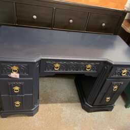 Vintage Old Charm Linenfold Dressing Table With Mirror Restored & Painted Black Gold - thumbnail 3