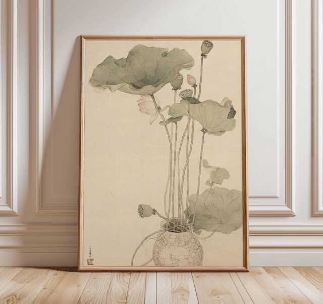 Japanese Lotus Wall Art, Oriental Botanical Poster Print, Asian Nature Artwork, Zen Minimalist Decor, Traditional Flower Illustration - image 1