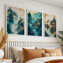 Chinese Gold & Teal Mountain Landscape Art Set, Tranquil Waterfall & Temple Prints, Elegant Nature Decor, Wall For Home - thumbnail 2