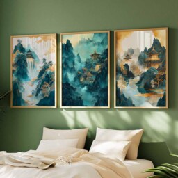 Chinese Gold & Teal Mountain Landscape Art Set, Tranquil Waterfall & Temple Prints, Elegant Nature Decor, Wall For Home - thumbnail 3
