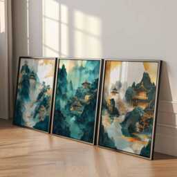 Chinese Gold & Teal Mountain Landscape Art Set, Tranquil Waterfall & Temple Prints, Elegant Nature Decor, Wall For Home - thumbnail 4