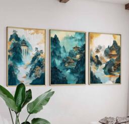 Chinese Gold & Teal Mountain Landscape Art Set, Tranquil Waterfall & Temple Prints, Elegant Nature Decor, Wall For Home
