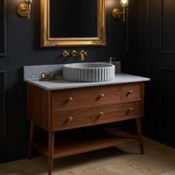 Fluted Carrara Marble Sink With Solid Oak Vanity - Mid-Century Modern Bathroom Console M1F002