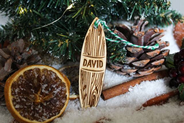 Personalised Surfboard Christmas Ornament Surfer Wood Custom Bauble Laser Engraved Rustic Wooden Name Tree Decoration Irish - image 1