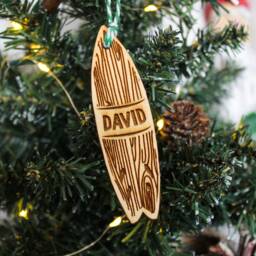 Personalised Surfboard Christmas Ornament Surfer Wood Custom Bauble Laser Engraved Rustic Wooden Name Tree Decoration Irish - thumbnail 2