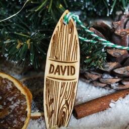 Personalised Surfboard Christmas Ornament Surfer Wood Custom Bauble Laser Engraved Rustic Wooden Name Tree Decoration Irish - thumbnail 3