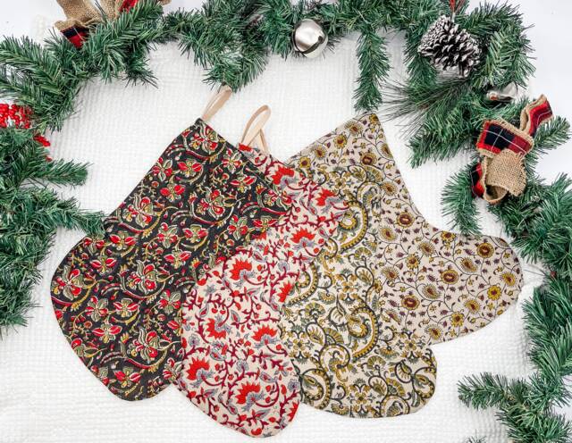 Christmas Decor, Block Printed Stockings, Floral Farmhouse High End Decor, Aesthetic - image 1