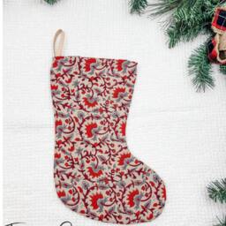 Christmas Decor, Block Printed Stockings, Floral Farmhouse High End Decor, Aesthetic - thumbnail 3