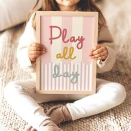 Play All Day Print in Pink, Retro Stripey Pattern Girls Prints, Kids Bedroom Playroom Nursery Decor - thumbnail 3