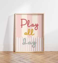Play All Day Print in Pink, Retro Stripey Pattern Girls Prints, Kids Bedroom Playroom Nursery Decor - thumbnail 1