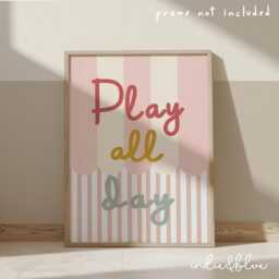 Play All Day Print in Pink, Retro Stripey Pattern Girls Prints, Kids Bedroom Playroom Nursery Decor - thumbnail 2