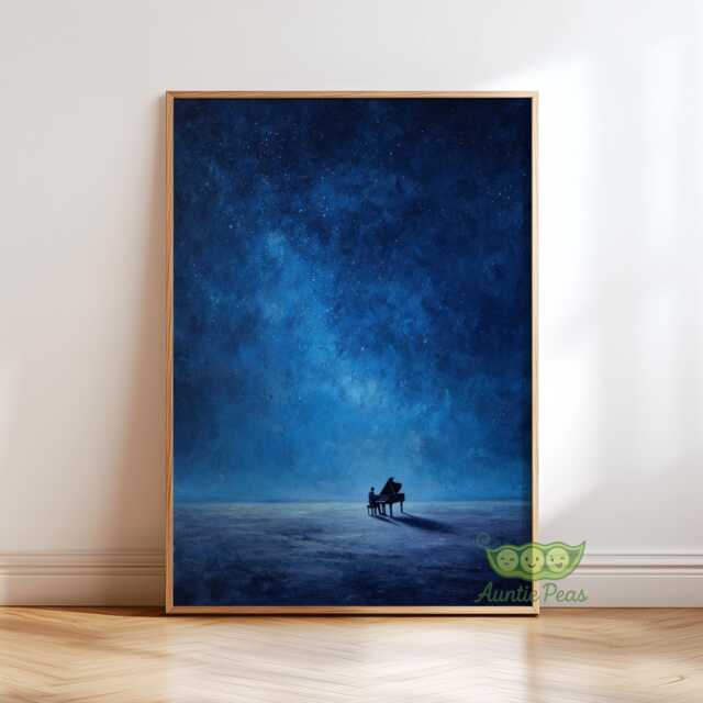 starry Night Piano Print, Blue Sky Painting, Dreamy Music Wall Art, Surreal Modern Vintage Poster, Celestial Ocean Decor - image 1