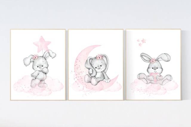 Bunny Nursery Print Pink & Gray Rabbit Wall Art - image 1