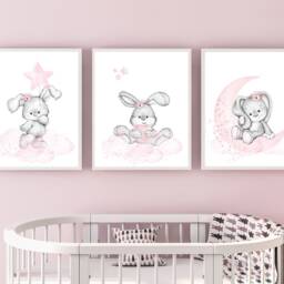 Bunny Nursery Print Pink & Gray Rabbit Wall Art - thumbnail 2