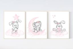 Bunny Nursery Print Pink & Gray Rabbit Wall Art - thumbnail 1