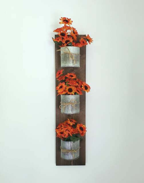 Fall Decor Wall Planter, Rustic Wood Hanging With Artificial Flowers - image 1