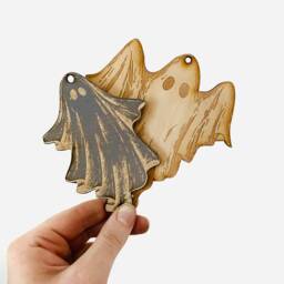 Ghost Ornament Pack - 6, Halloween Wooden Home Decor, Ghostie Christmas, Bohemiam Decor - thumbnail 2