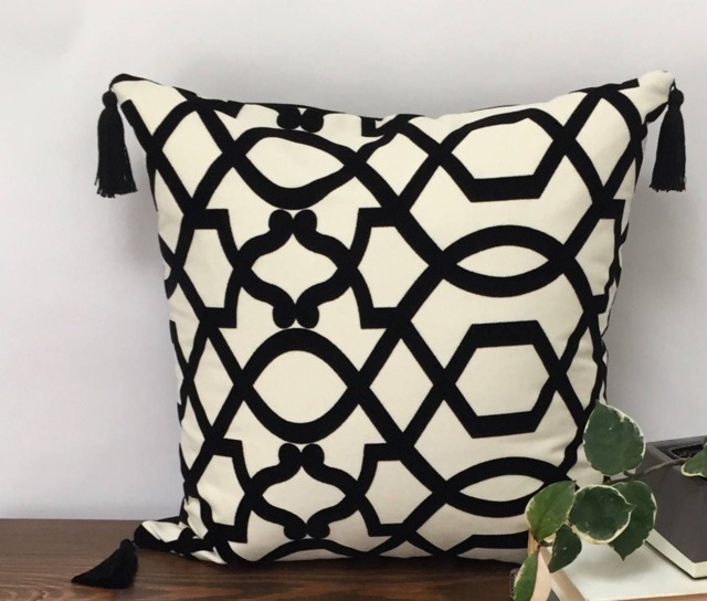 Glam Black Velvet Geometric Pillow Cover, Woven Cotton Tassels - image 1