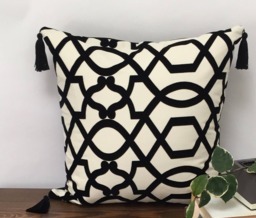 Glam Black Velvet Geometric Pillow Cover, Woven Cotton Tassels - thumbnail 1