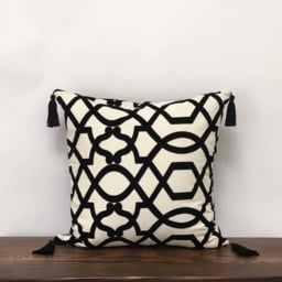 Glam Black Velvet Geometric Pillow Cover, Woven Cotton Tassels - thumbnail 2