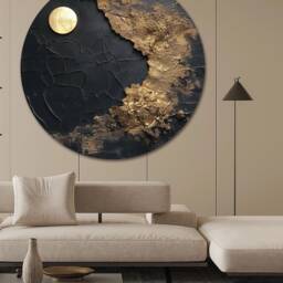 Black Circle Wall Art Textured Plaster Moon Painting Gold Abstract Round - thumbnail 2