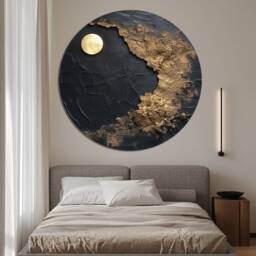 Black Circle Wall Art Textured Plaster Moon Painting Gold Abstract Round - thumbnail 3