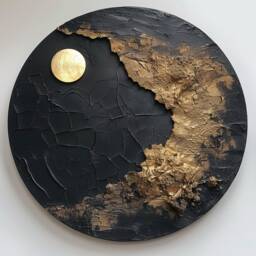 Black Circle Wall Art Textured Plaster Moon Painting Gold Abstract Round - thumbnail 1