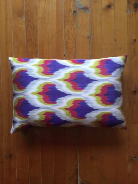 Handwoven Silk Ikat Pillow Cover Rainbow Pattern, Home Decor - 24x16 In - image 1