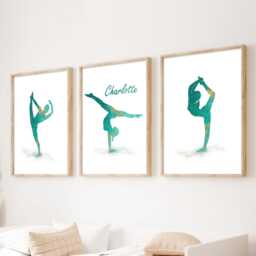 Personalized Gymnastics Wall Art Teal & Gold Prints, Set Of 3 - thumbnail 1