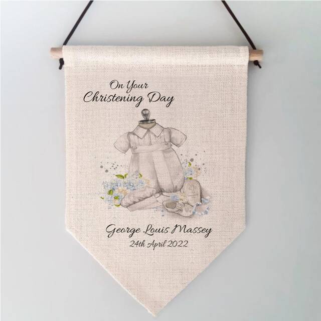 Personalised Christening Day Gift Linen Pennant Flag Wall Hanging Baby Boy Outfit Design - image 1