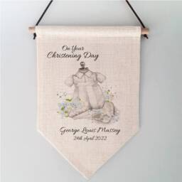 Personalised Christening Day Gift Linen Pennant Flag Wall Hanging Baby Boy Outfit Design - thumbnail 1