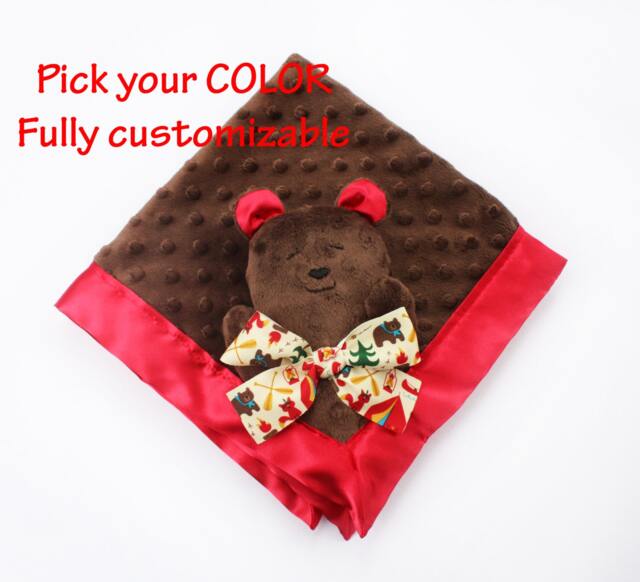 Brown Minky Bear Lovey Satin Baby Security Blanket, Stuffed Animal Toy - image 1