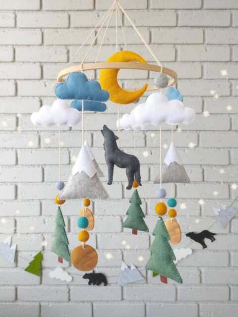 Wolf Mobile, Nursery Decor, Mountain Woodland Baby Rustic Forest Animals Felt Mobile For Crib - image 1